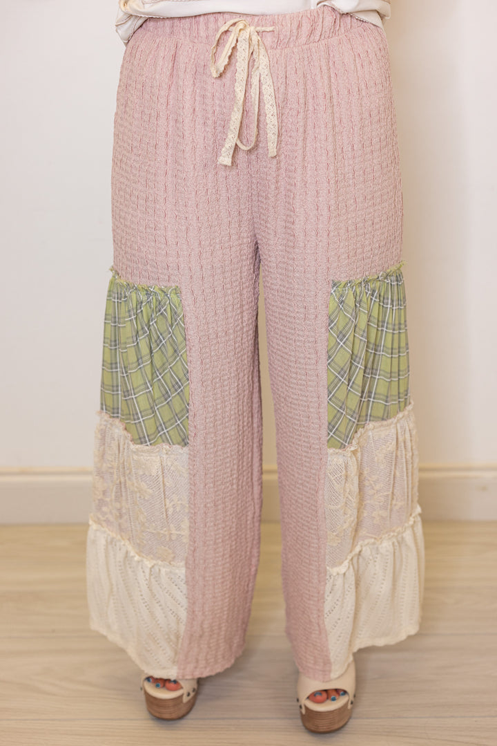Women's dusty pink wide leg pants with tiered colorblock patches by Fantastic Fawn