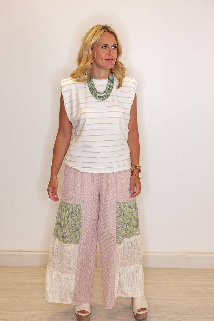 Trendy women's dusty pink wide leg pants with tiered colorblock patches by Fantastic Fawn 