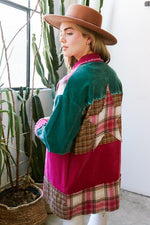 Fantastic Fawn Magenta multicolor flannel and corduroy patchwork jacket with big star patch on back 