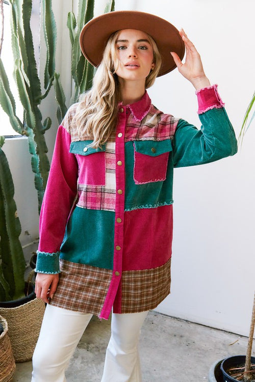 Fantastic Fawn Magenta multicolor flannel and corduroy patchwork jacket with big star patch on back 