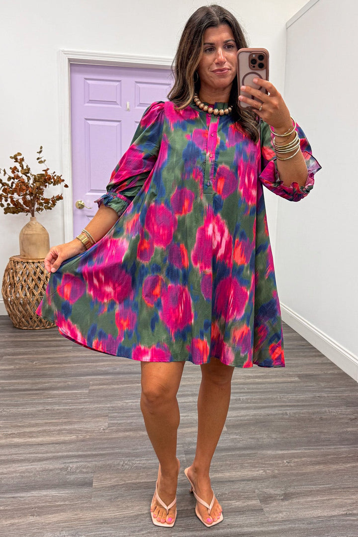 magenta olive and navy watercolor print half sleeve flowy silhouette cotton short dress