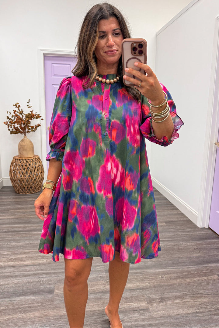 magenta olive and navy watercolor print half length balloon sleeve cotton short dress