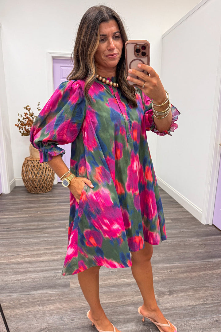 magenta olive and navy watercolor print half sleeve cotton short dress with side pockets