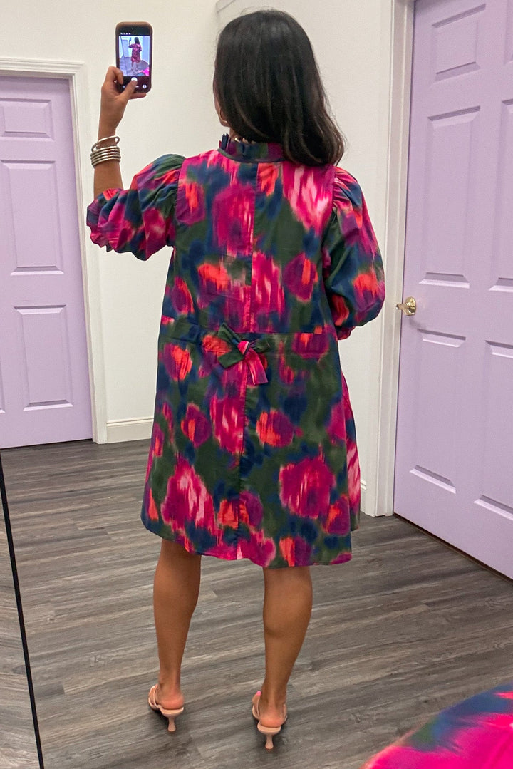 magenta olive and navy watercolor print half sleeve cotton short dress with bow tie cinch back