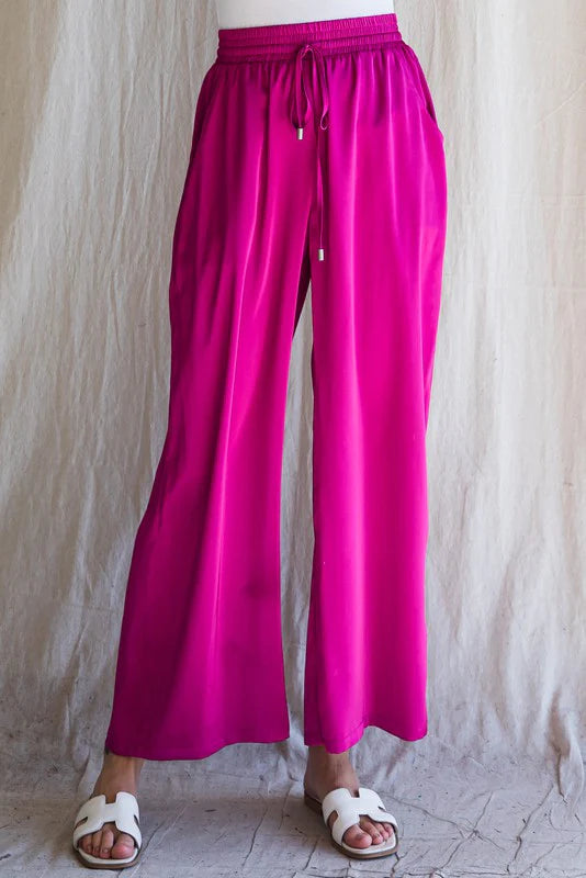 Magenta Wide Leg Pants With Drawstring, Purple Door Boutique