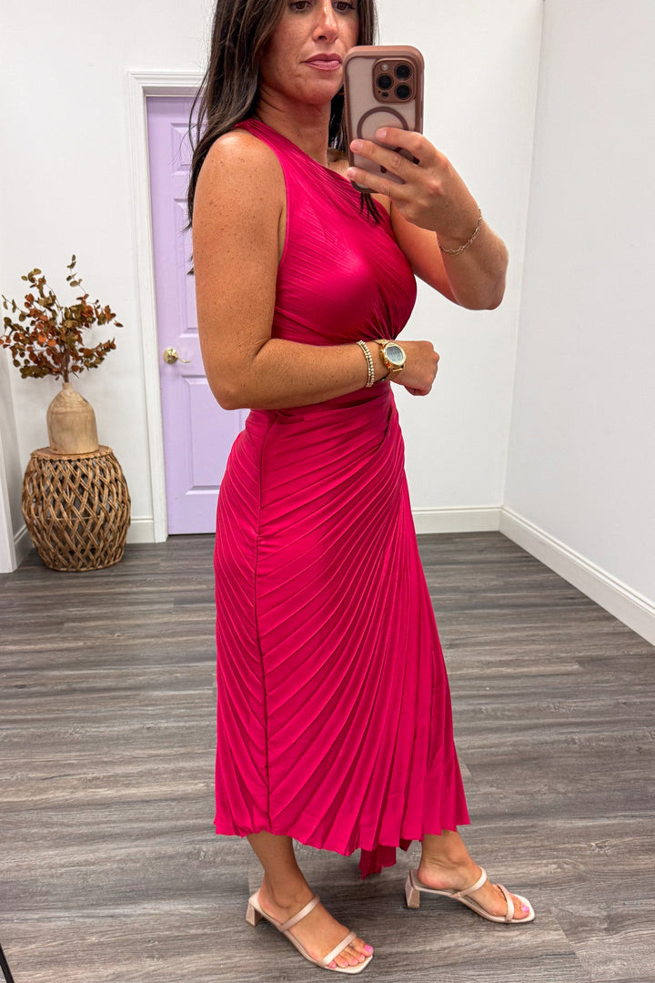 solid magenta pink one shoulder asymmetrical hem satin midi dress with side zipper closure