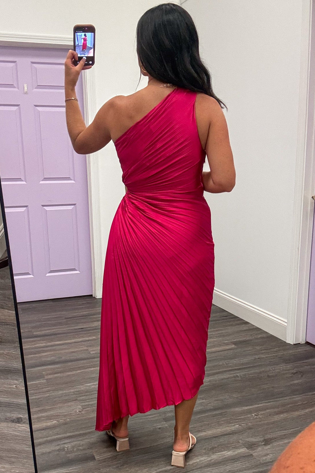 magenta pink one shoulder asymmetrical hem satin midi dress