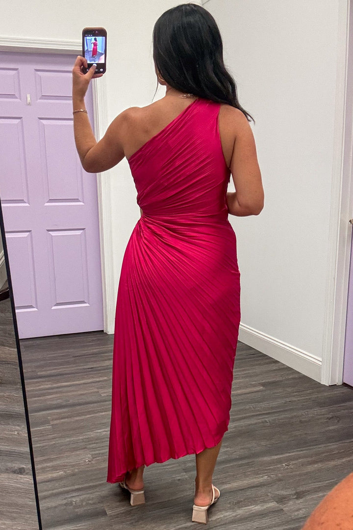magenta pink one shoulder asymmetrical hem satin midi dress