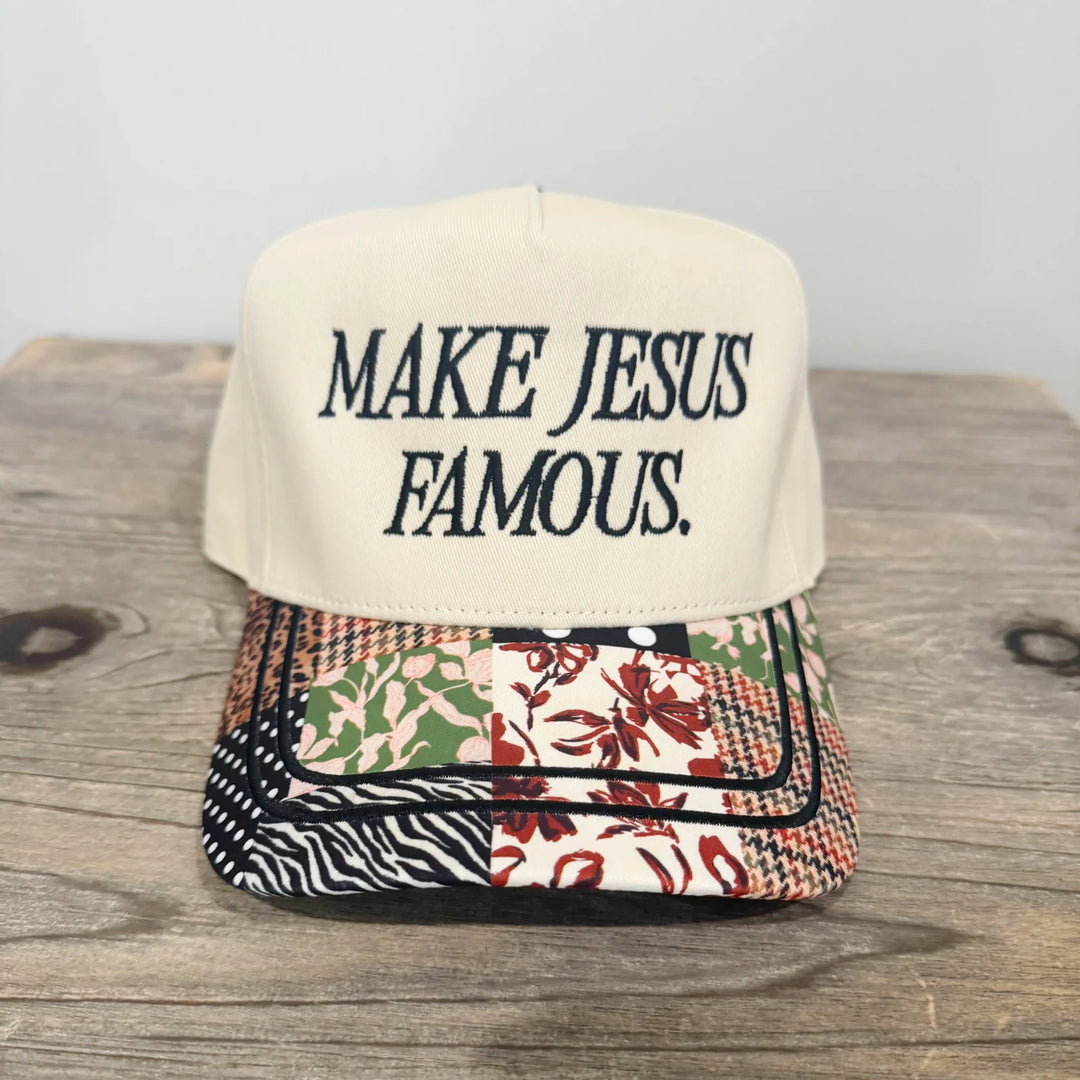 Women's "Make Jesus Famous" patchwork trucker hat by Poppy And Pine