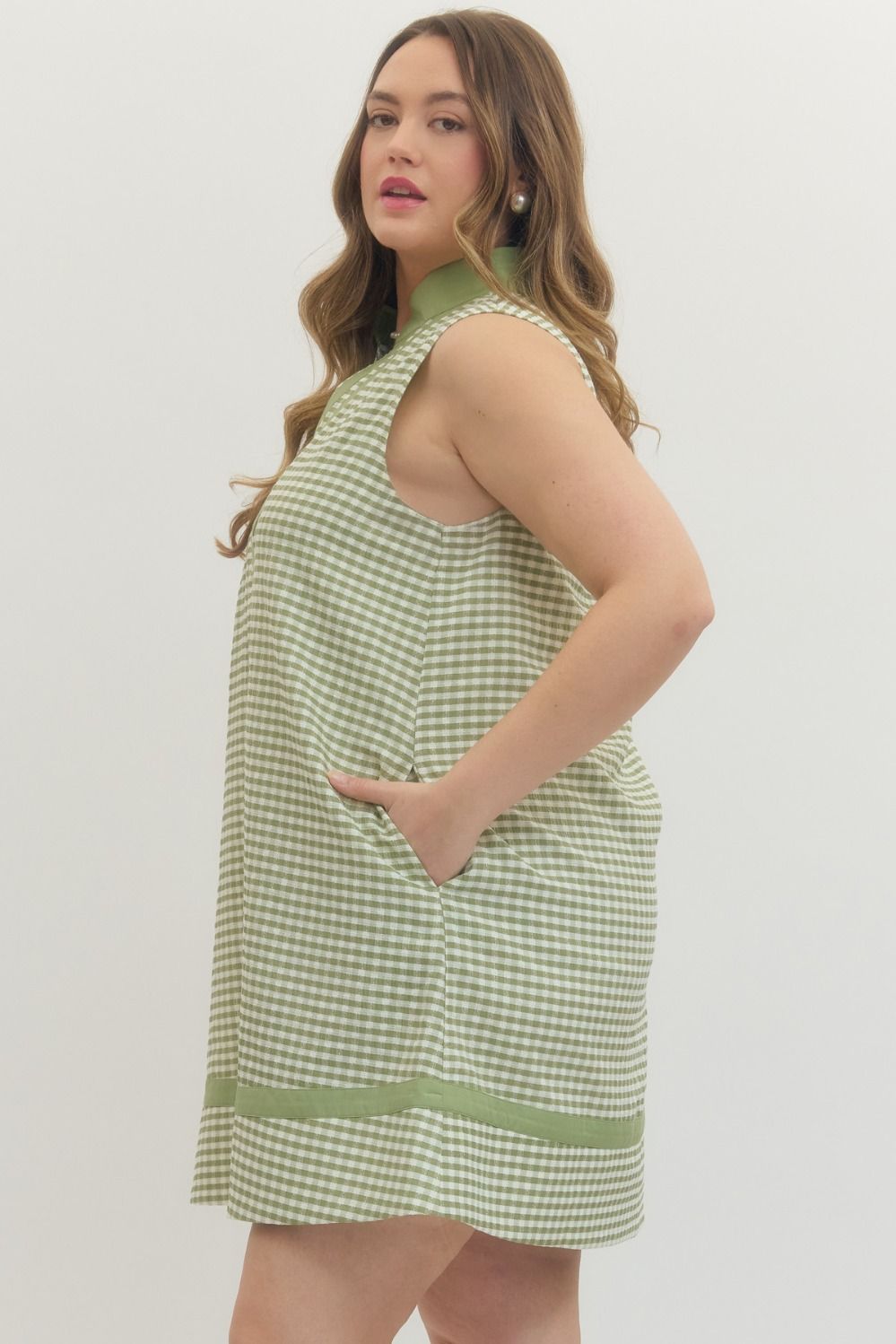 Entro plus size matcha green and white gingham checkered print dress with side pockets