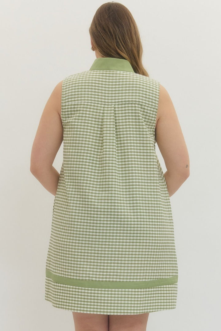 Entro plus size matcha green and white gingham checkered print dress with tiered detail in back at shoulders