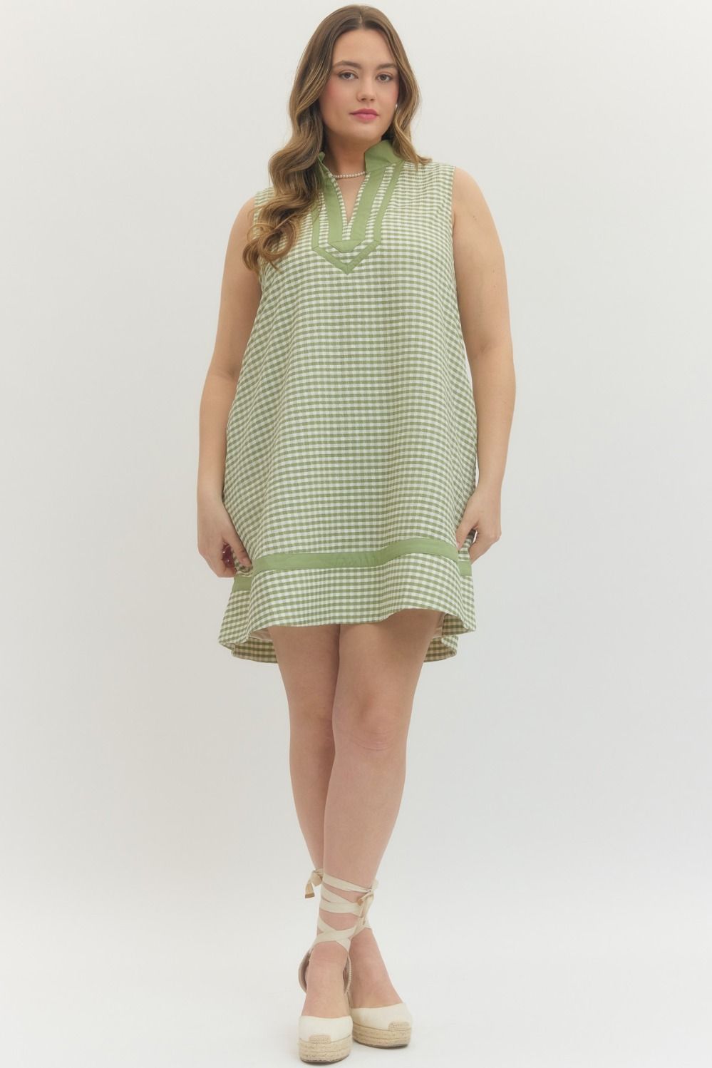 Entro plus size matcha green and white gingham checkered print dress with matching strappy shoes