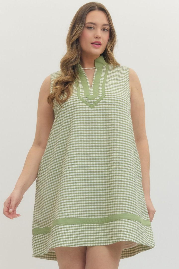 Entro plus size matcha green and white gingham checkered print dress