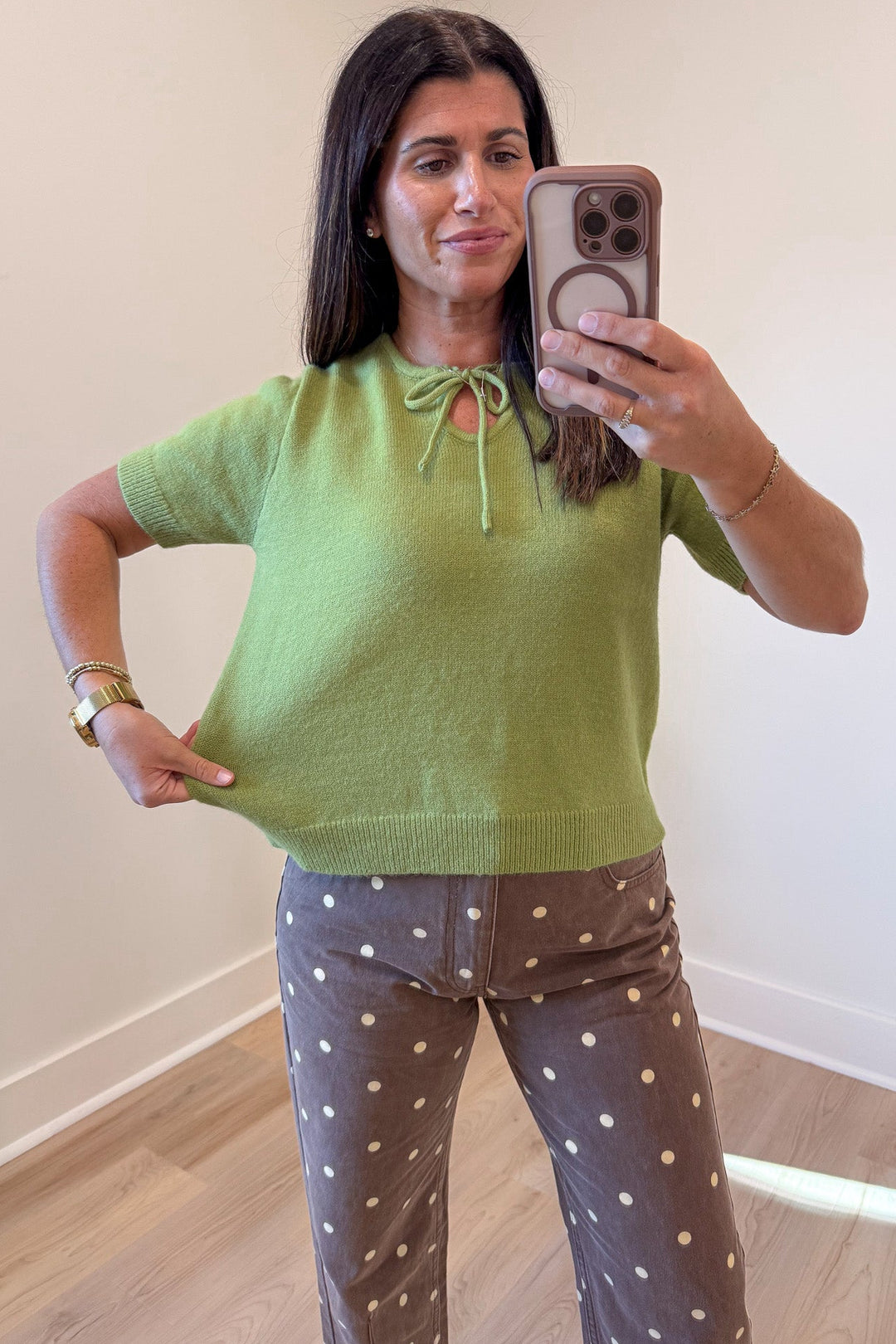 solid matcha green short sleeve crew neckline with adjustable bow tie semi-cropped knit sweater top