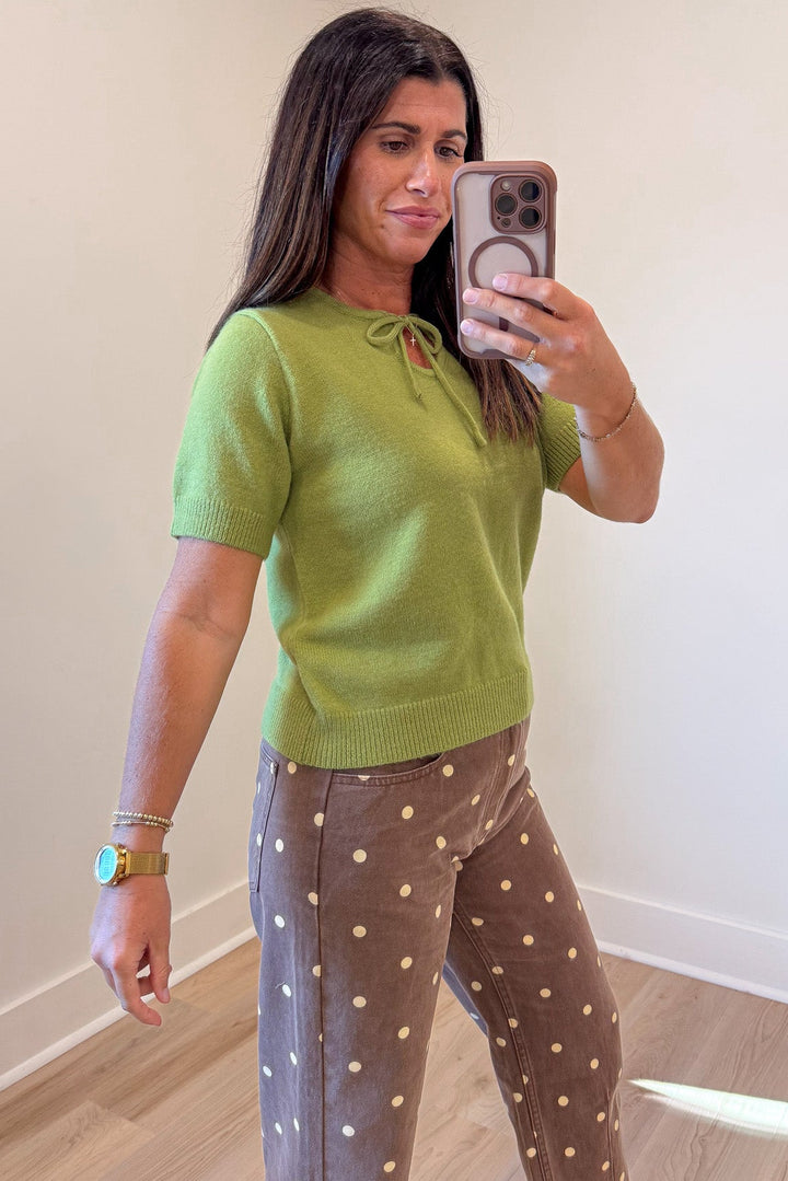 solid matcha green cuffed short sleeve crew neckline semi-cropped knit sweater top