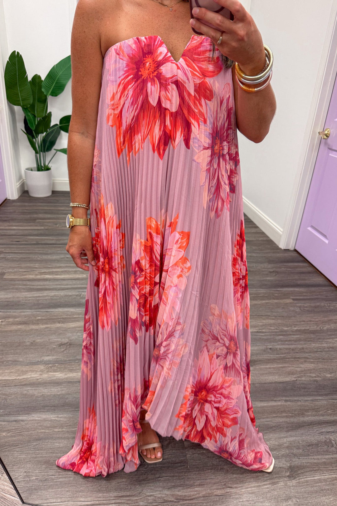 mauve large floral print pleated strapless v notch square neckline asymmetrical hem maxi dress