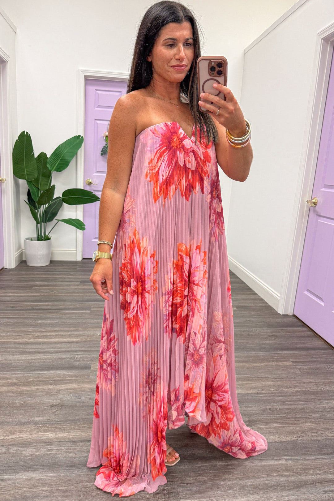 mauve large floral print pleated strapless asymmetrical shark bite hem maxi dress