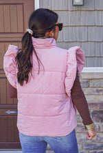 mauve pink ruffle quilted puffer vest