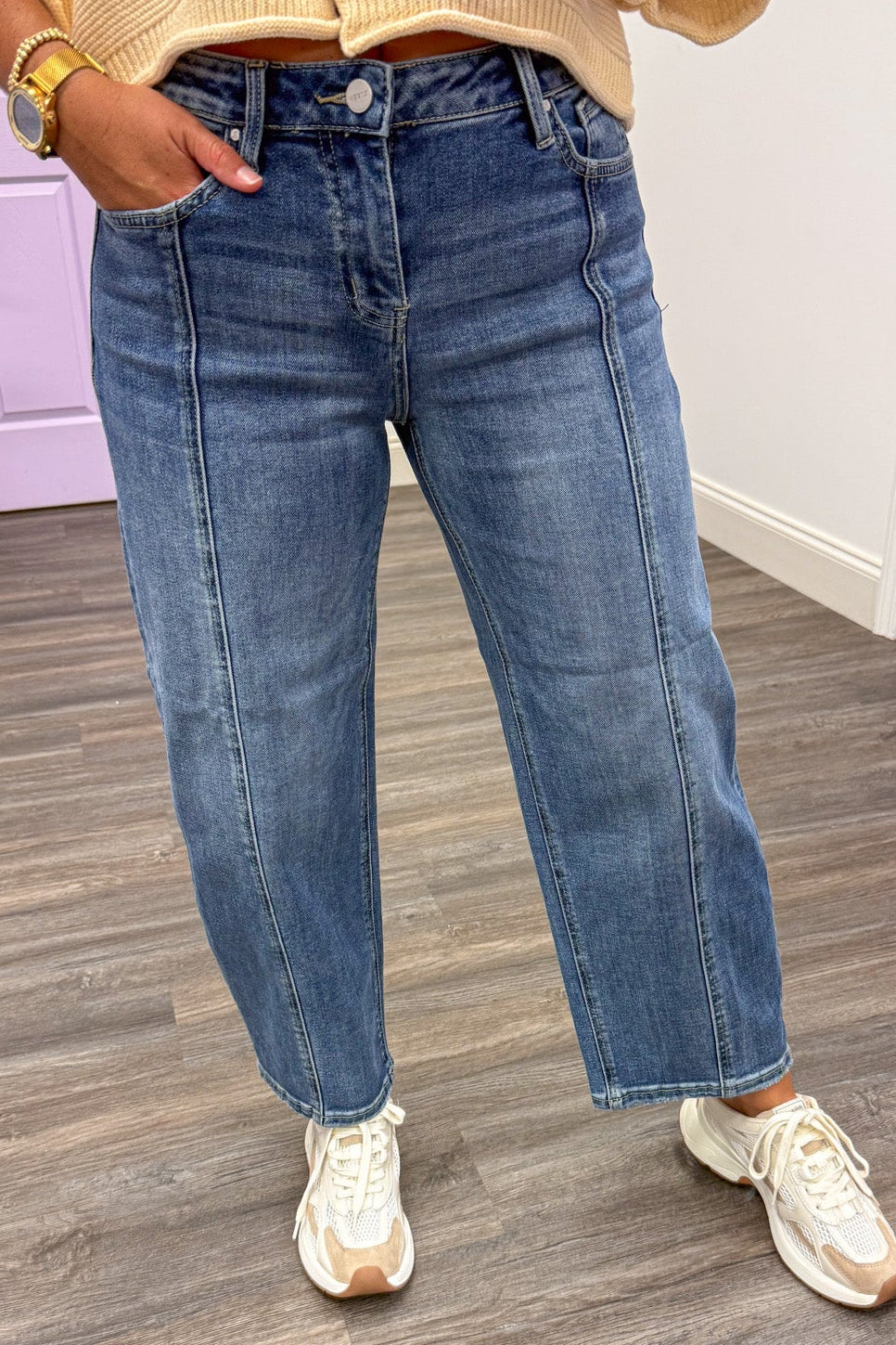 medium washed slouchy cropped length barrel leg high rise jeans with belt loops