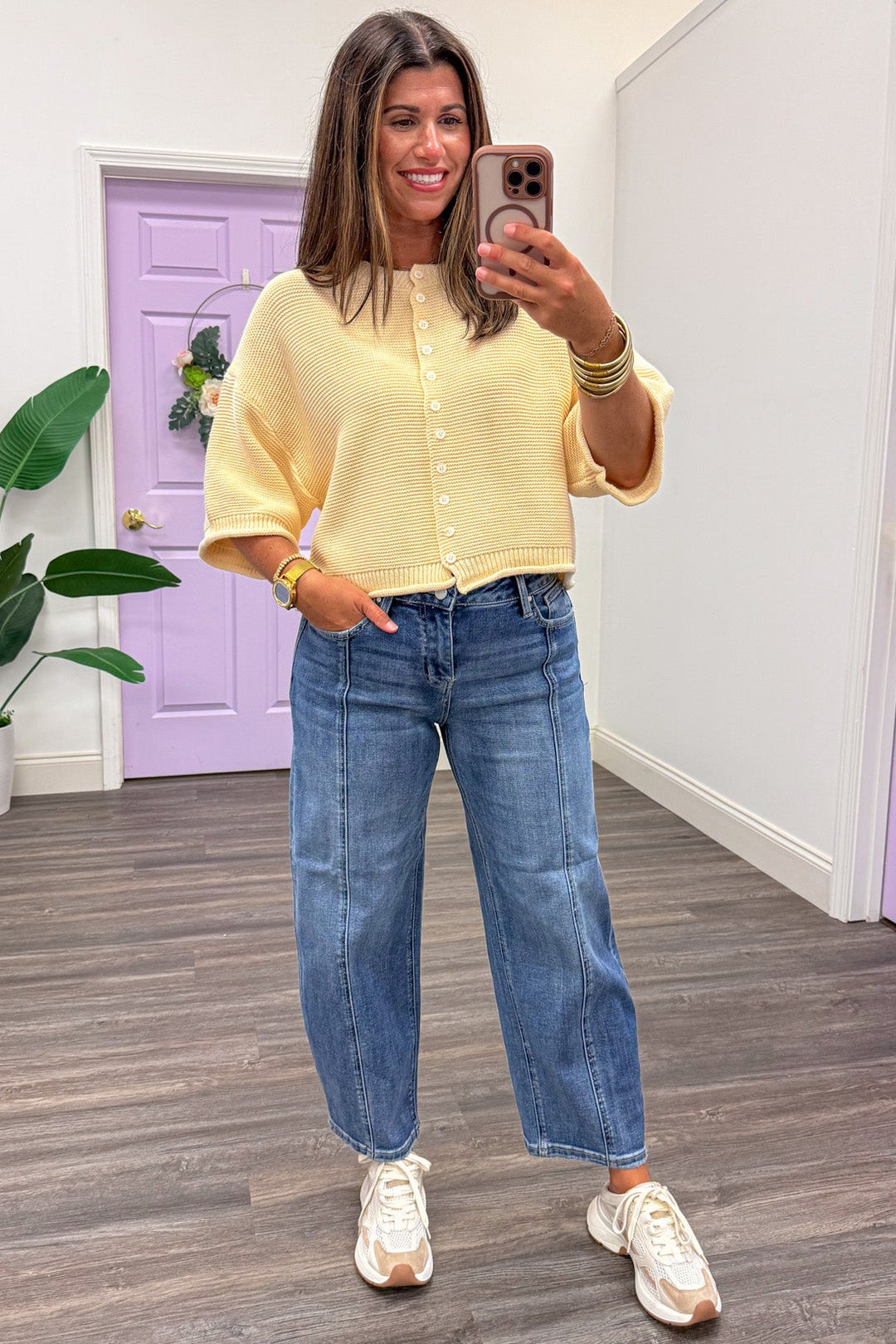 medium washed slouchy cropped length barrel leg high rise jeans