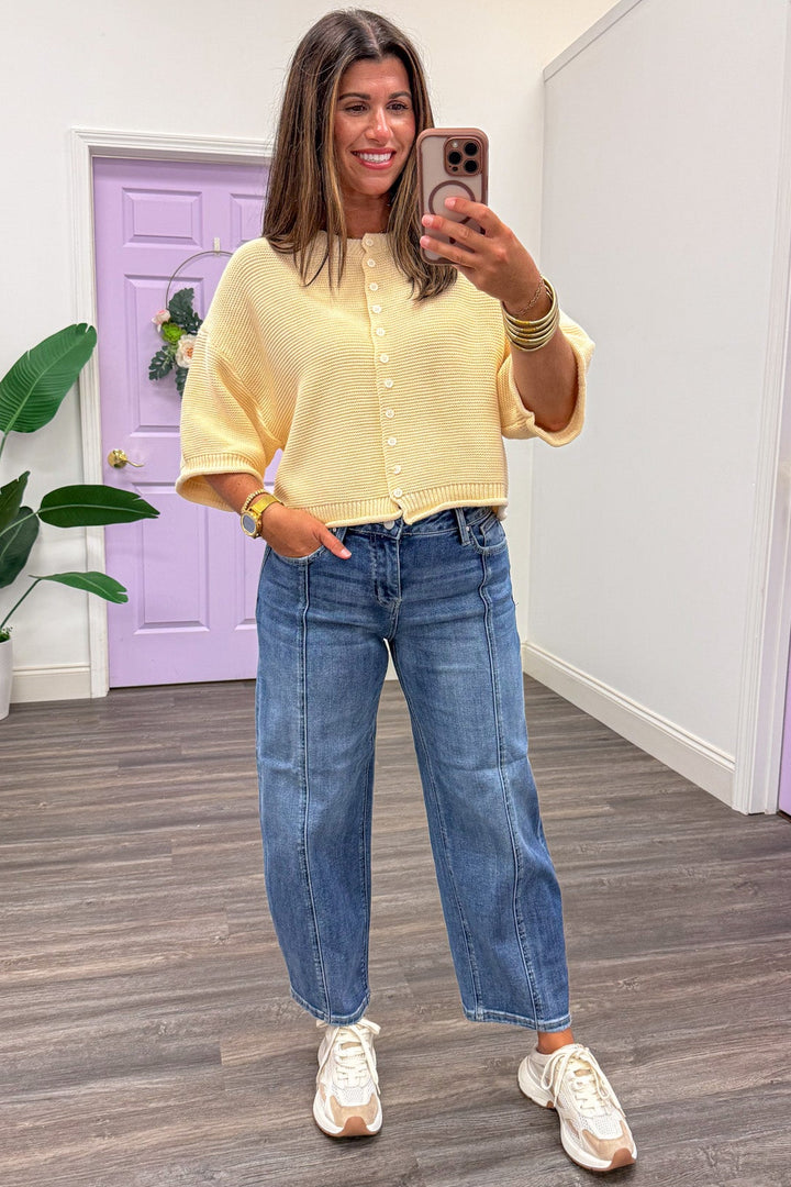 medium washed slouchy cropped length barrel leg high rise jeans