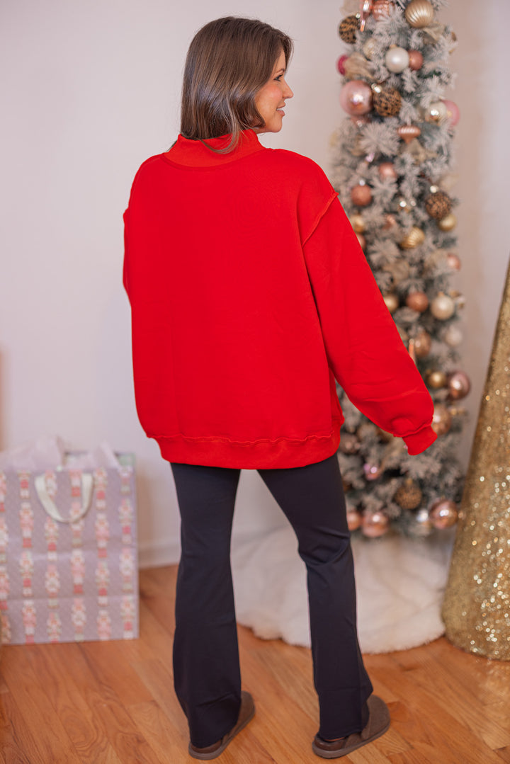 Merry red embroidered Christmas sweatshirt by Bucketlist showing back view