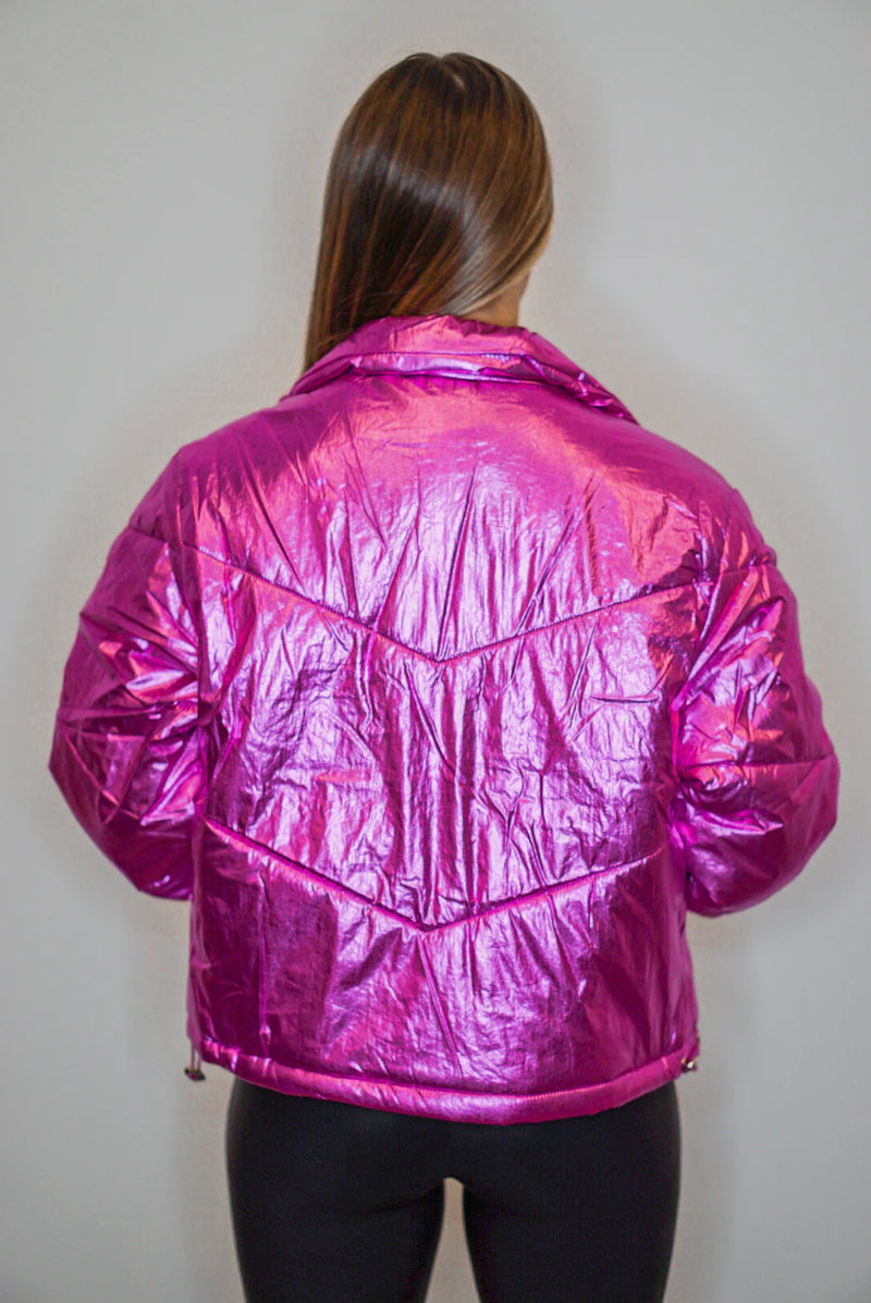pink metallic puffer jacket