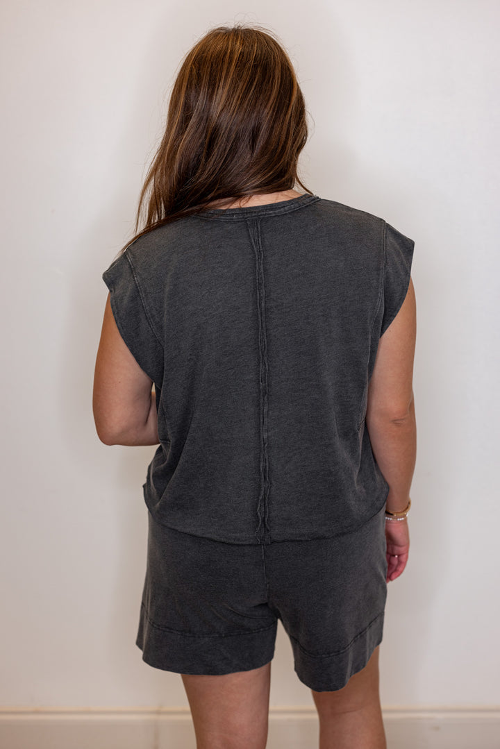 Women's mineral washed black knit sleeveless top by Rae Mode showing back view