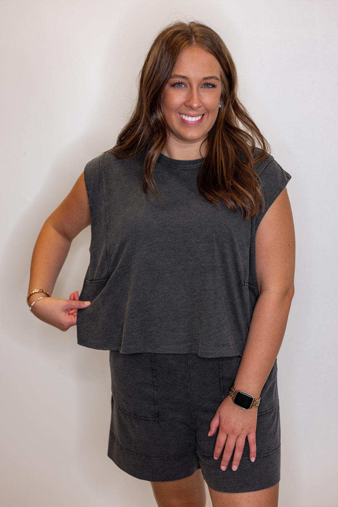 Women's mineral washed black knit sleeveless top by Rae Mode showing the relaxed fit