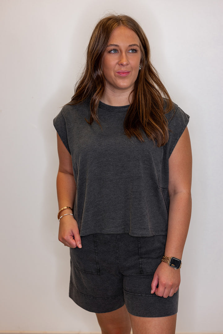 Women's mineral washed black knit sleeveless top by Rae Mode