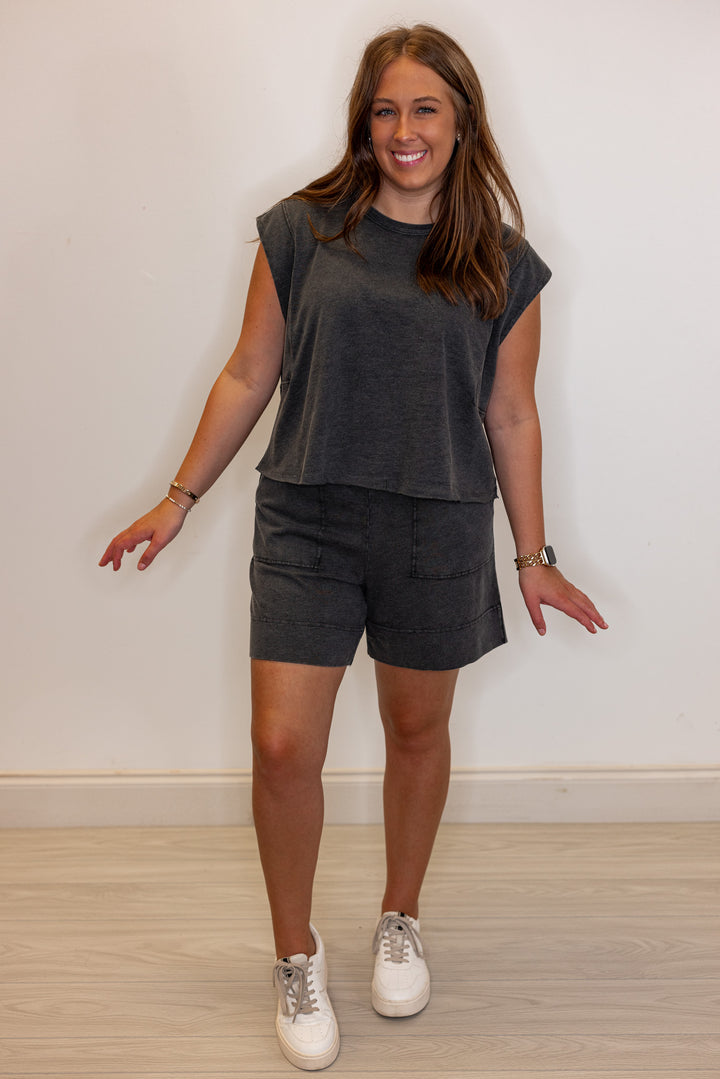 Women's mineral washed black knit sleeveless top by Rae Mode shown with matching shorts