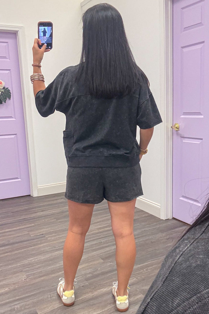 mineral washed solid black terry knit set with raw unfinished hem shorts