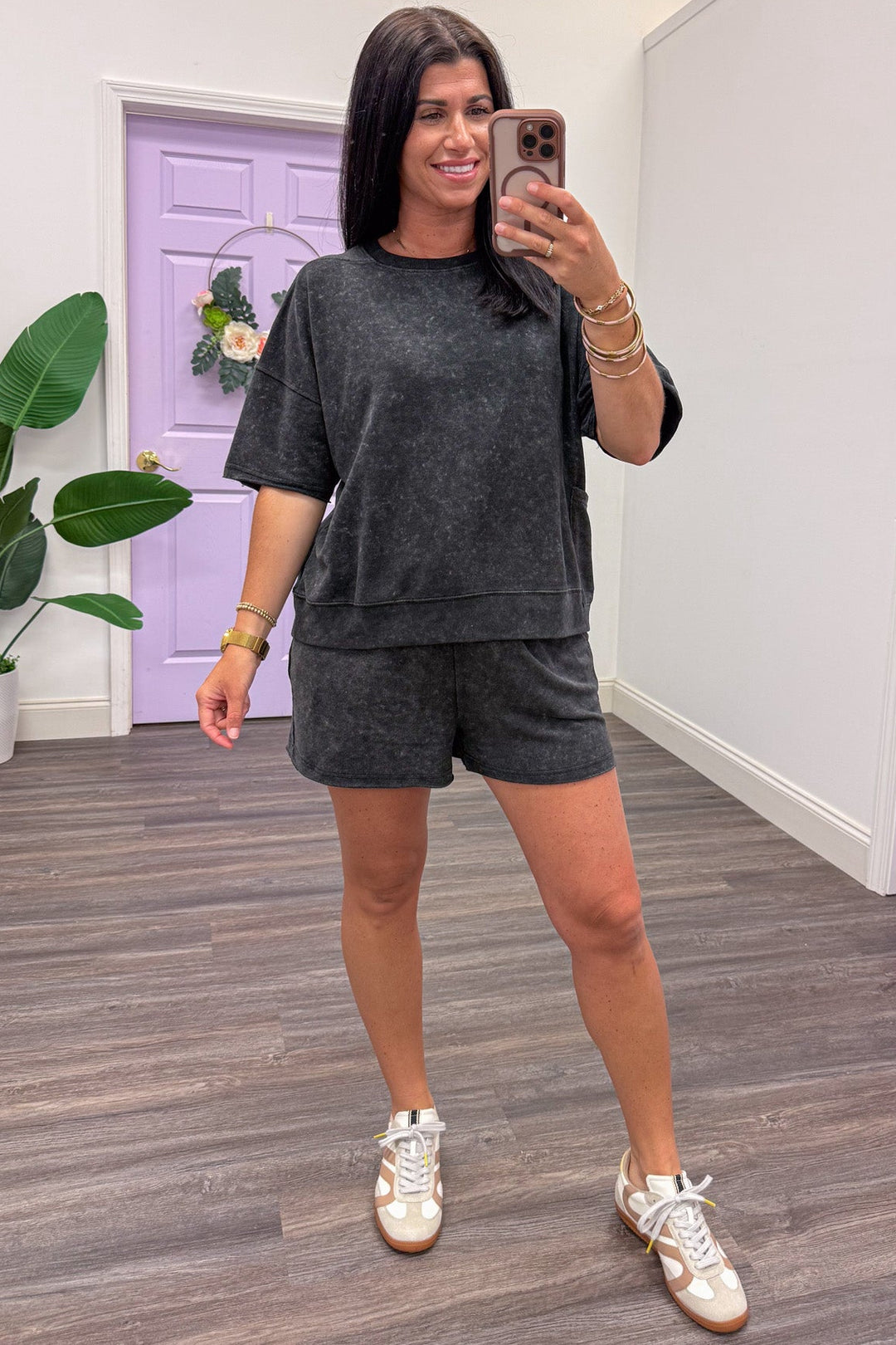 mineral washed solid black terry knit casual athleisure top and shorts set