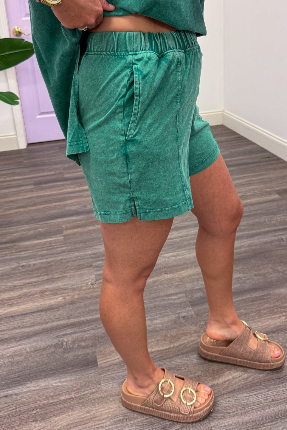 mineral washed kelly green knit shorts with reverse seam details