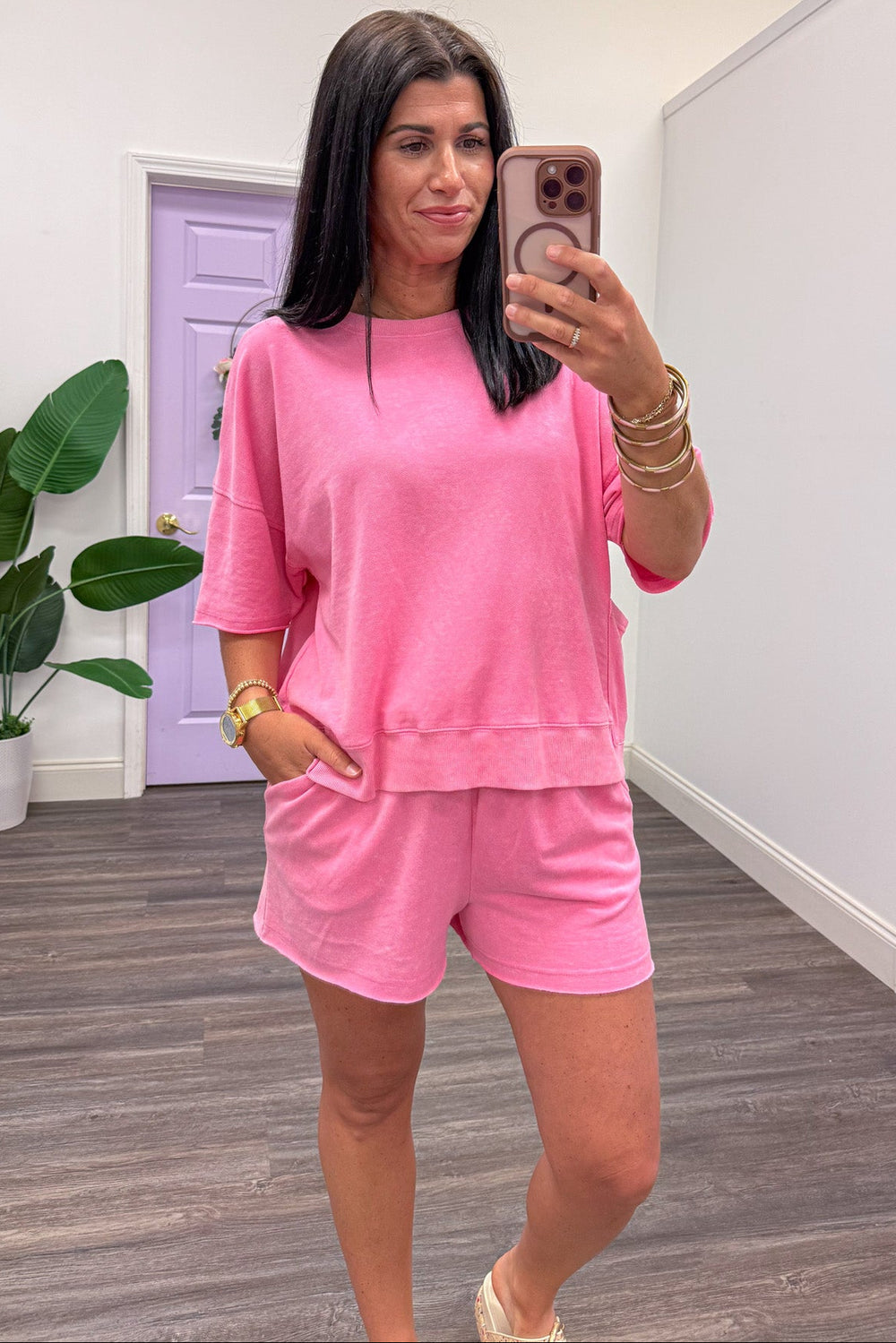 mineral washed solid pink terry knit set with short sleeve top