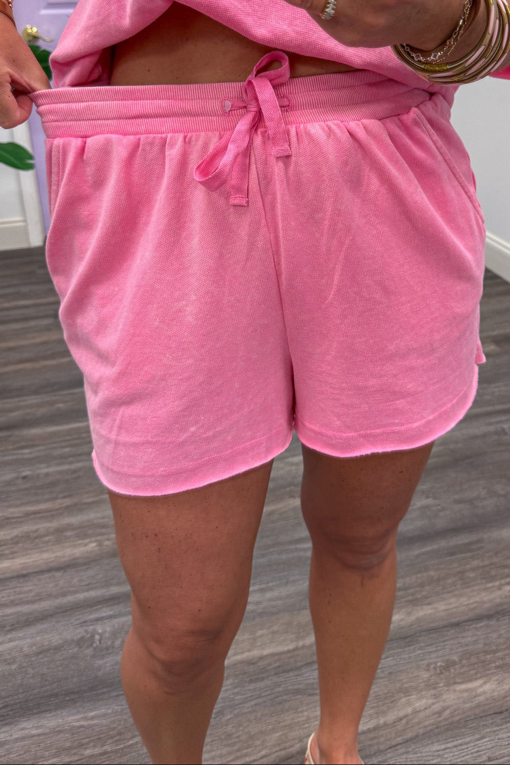 mineral washed solid pink terry knit set with elastic waistband shorts
