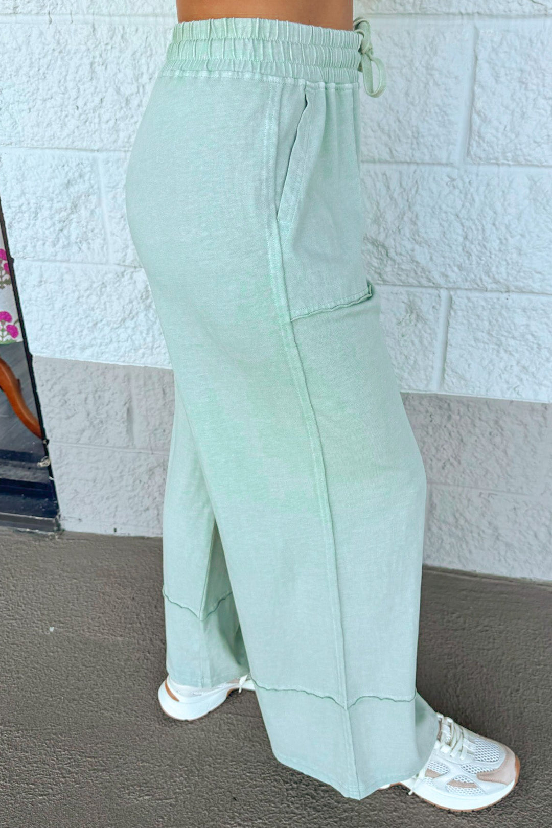 washed mint latte green top and front pocket pants matching knit loungewear set