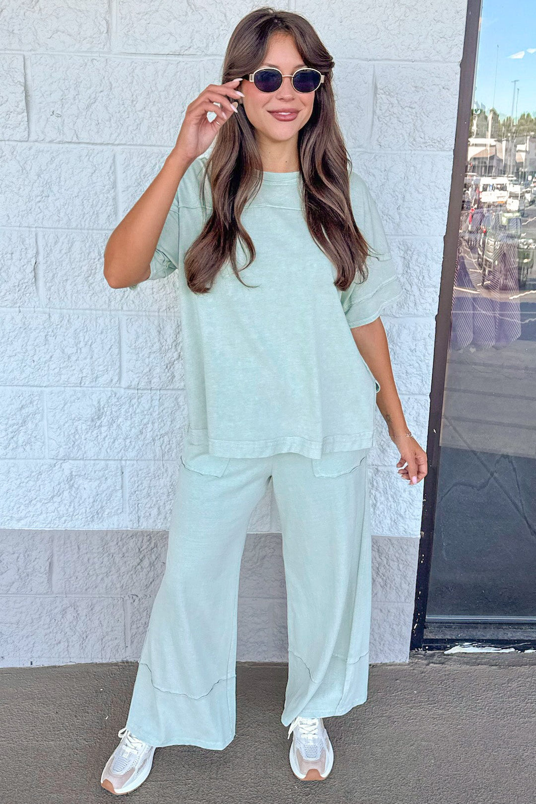 washed mint latte green top and pants matching knit athleisure set