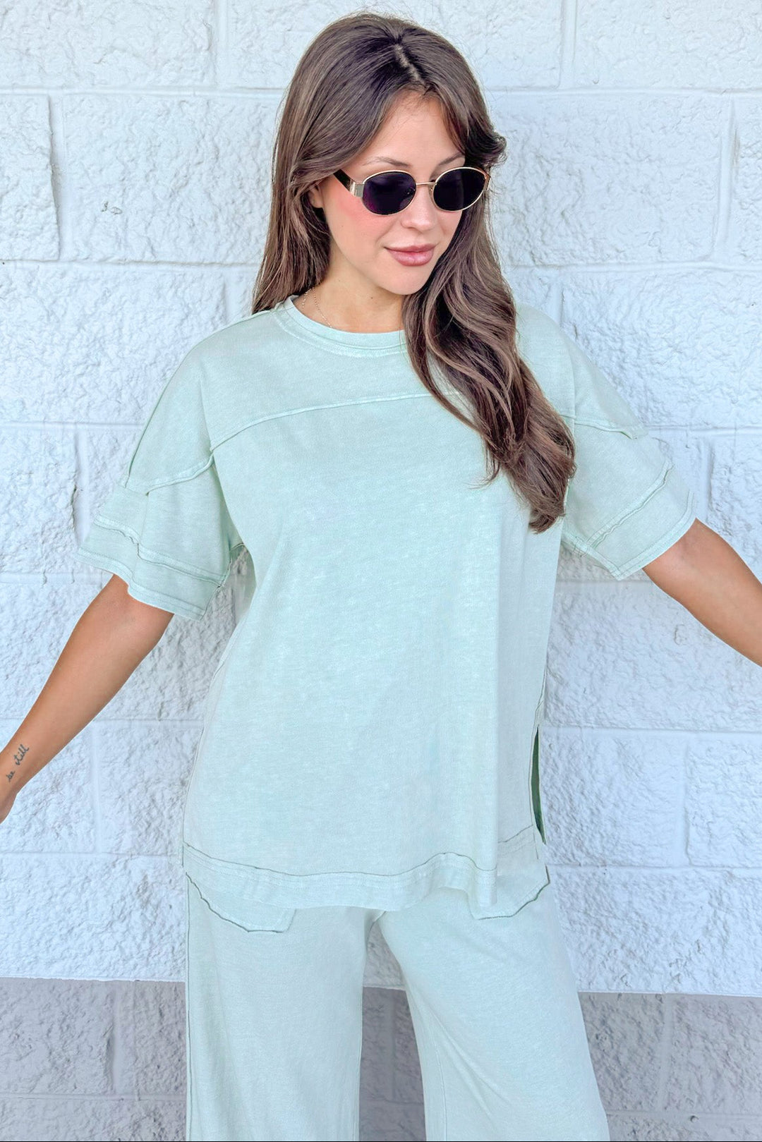 washed mint latte green short sleeve top and pants matching knit loungewear set