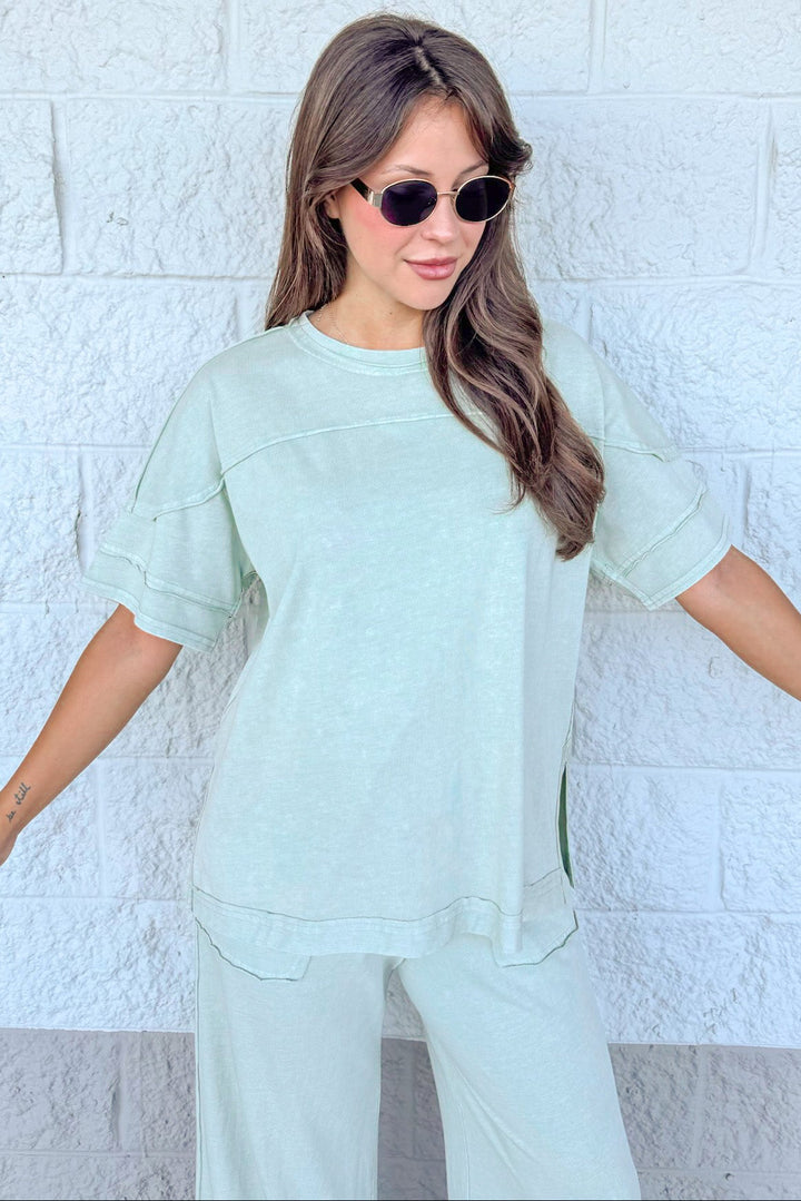 washed mint latte green short sleeve top and pants matching knit loungewear set