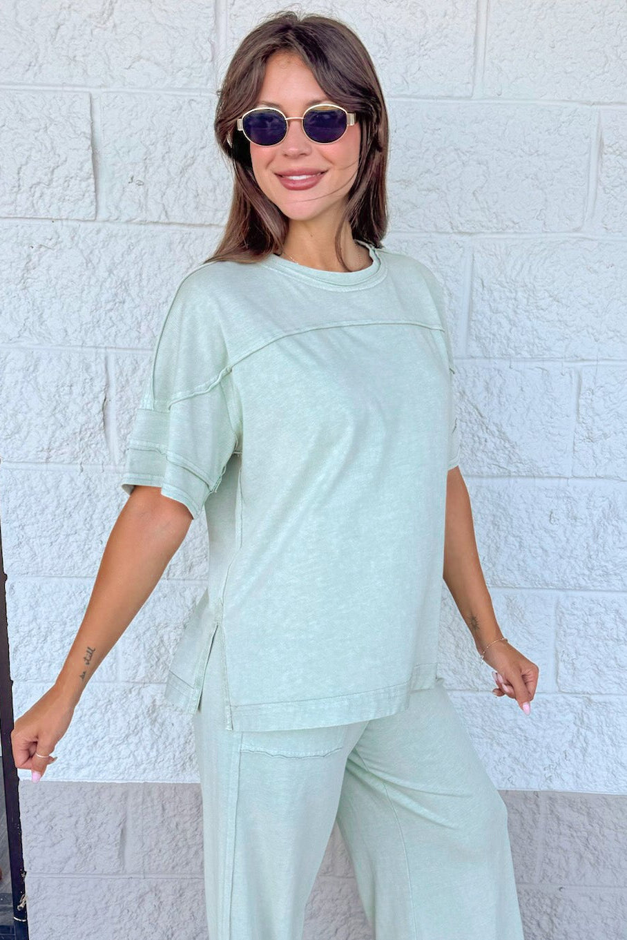 washed mint latte green drop shoulder top and pants matching knit loungewear set