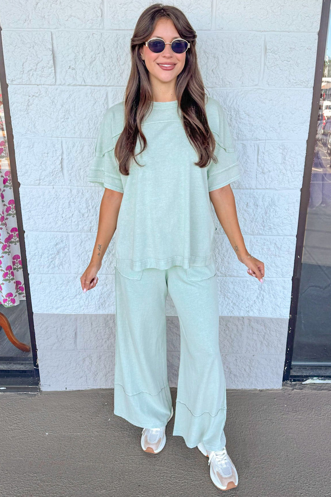 washed mint latte green top and pants matching knit loungewear set