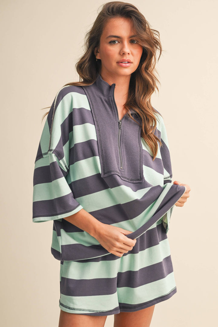 Sporty Chic Mint Striped Shorts Set