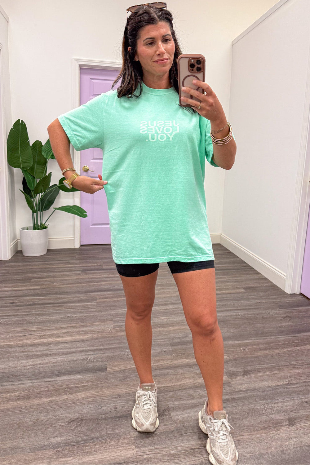 mint green jesus loves you graphic short sleeve crew neckline t-shirt