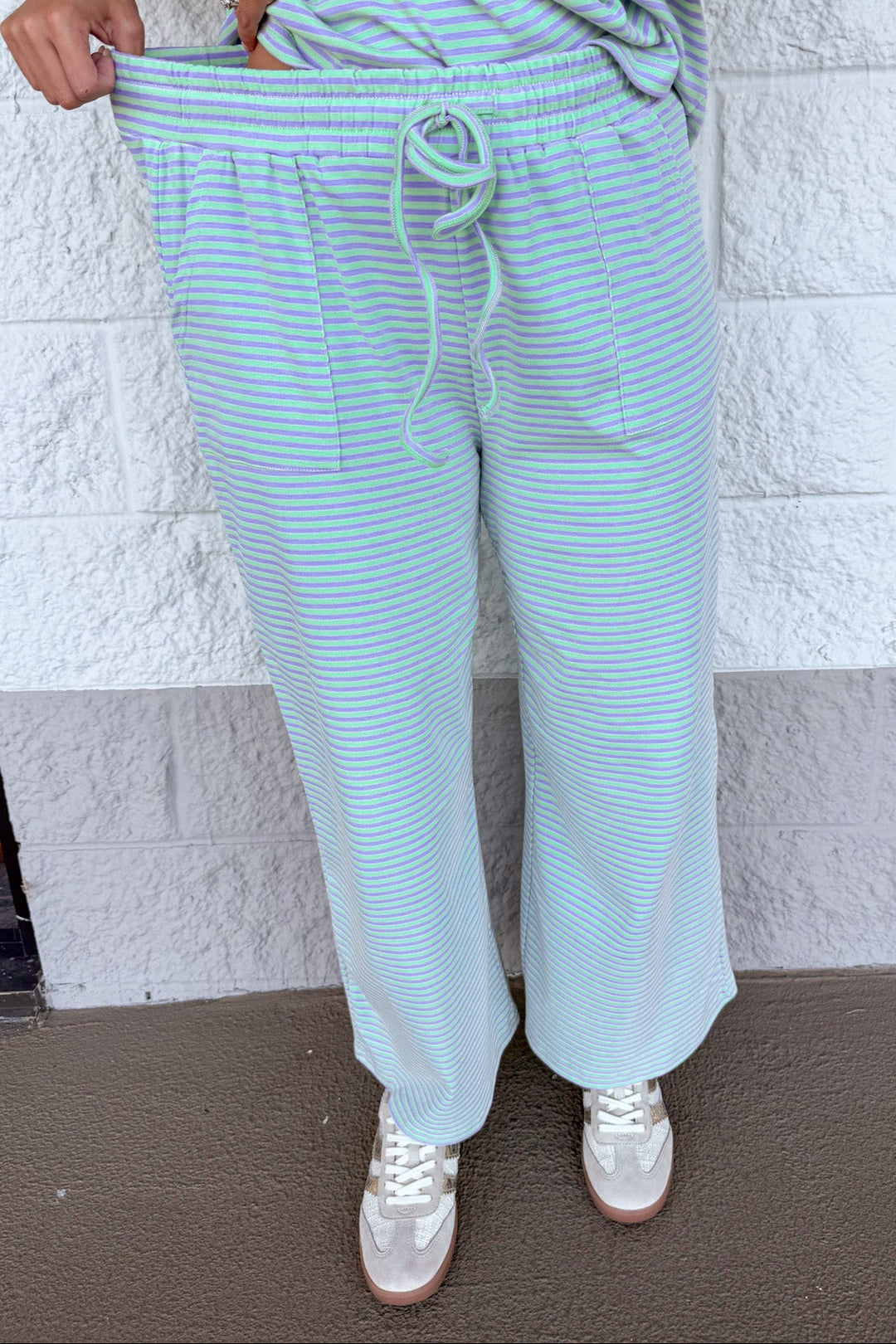 mint green and lilac striped top and elastic waistband pants matching knit loungewear set