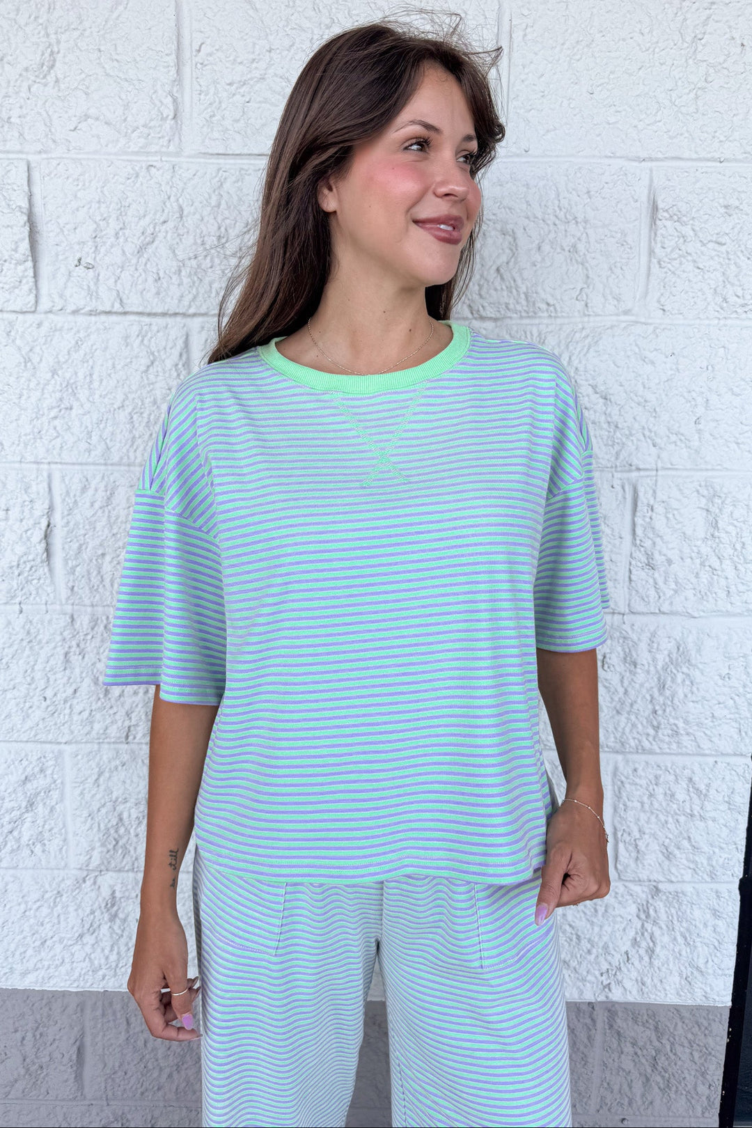 mint green and lilac striped crew neckline top and pants matching knit loungewear set