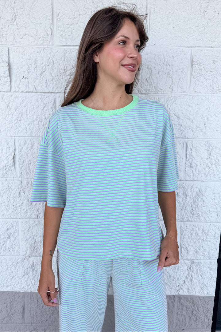 mint green and lilac striped crew neckline top and pants matching knit loungewear set