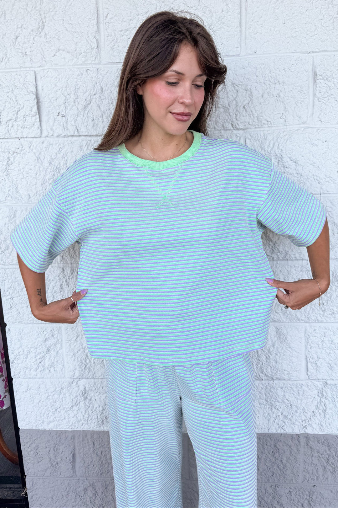 mint green and lilac striped relaxed silhouette top and pants matching knit loungewear set