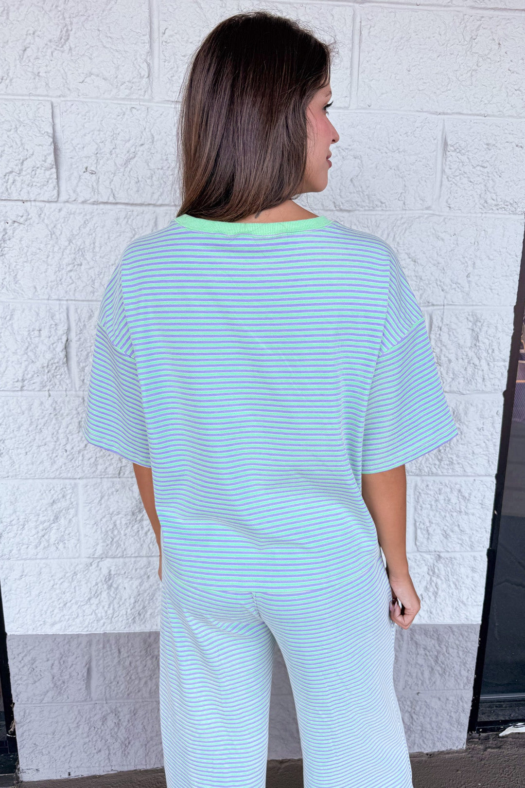 mint green and lilac striped short sleeve top and pants matching knit loungewear set