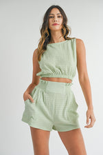 Mable Light mint green shorts and crop top set in textured fabric